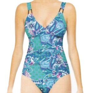 SPANX Love Your Assets Swimsuit One Piece Abstract Blue Paisley Print Size Small